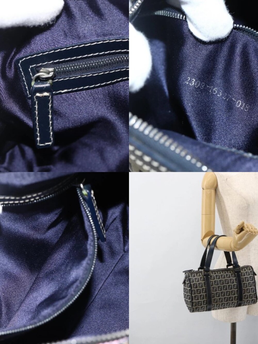 FENDI Zucchino Canvas Hand Bag Navy Silver Auth LNZ205 - Picture 15 of 16